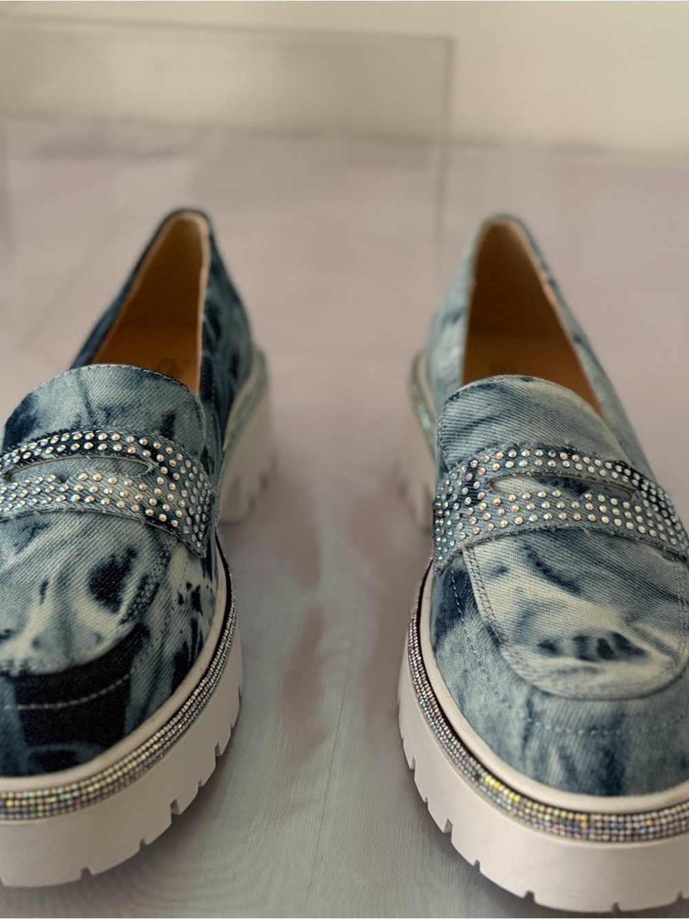 Cape Robbin Blue Tie-Dye Platform Loafers with Rhinestone Band